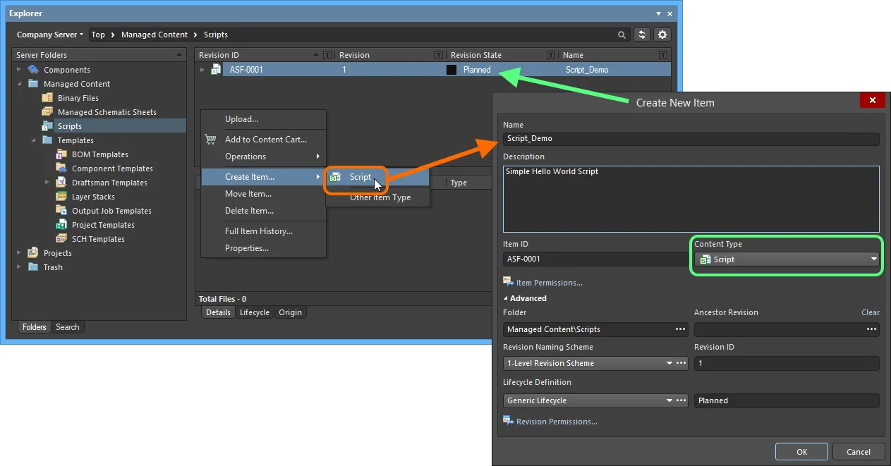 Creating a Script Item within a Scripts folder - the correct Content Type is available on the context menu. Creating a Script Item within a Scripts folder - the correct Content Type is available on the context menu.
