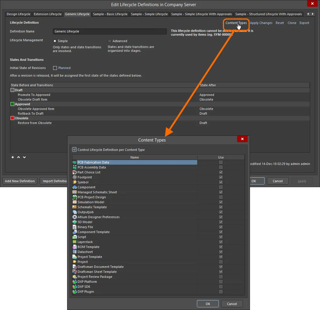 Accessing the Content Types dialog - command central for determining which Item types can use the lifecycle definition being configured. Accessing the Content Types dialog - command central for determining which Item types can use the lifecycle definition being configured.
