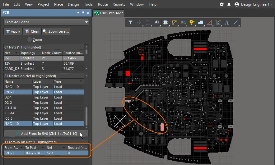 A From_To has been defined between 2 pads, note how the From-To line is displayed as dashed rather than solid.