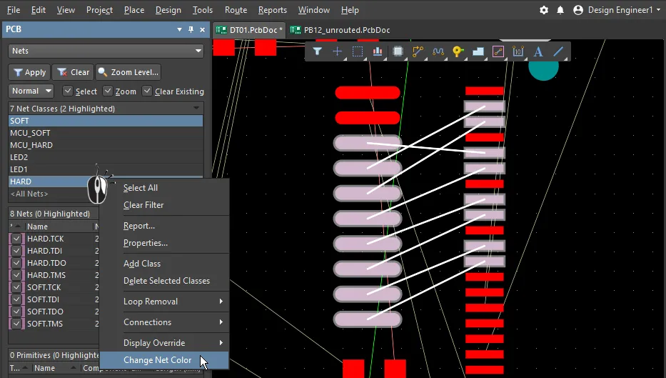 Improve the visibility of nets by changing the color of their connection lines, and enabling the display override feature. 