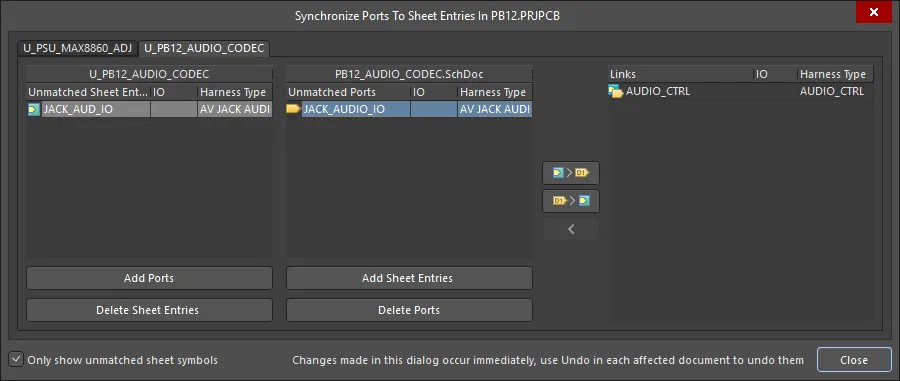 The Synchronize Ports to Sheet Entries dialog is used to check and correct any mismatches between Ports and Sheet Entries