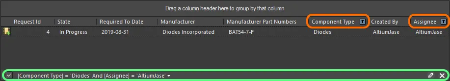 Пример действующей фильтрации столбцов.