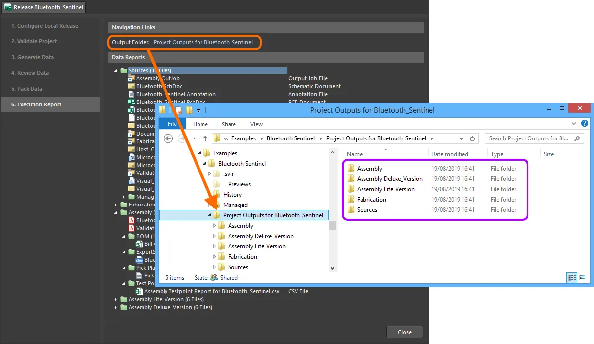 Быстрый переход к локальной папке, непосредственно из этапа Execution Report. Наведите курсор мыши на изображение, чтобы увидеть пример отображения локально выпущенного zip-архива.