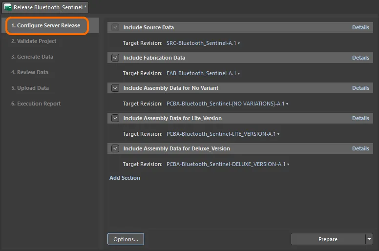 Этап 1 процесса выпуска проекта – настройка данных, которые будут включены в выпуск (какие данные будут сформированы).