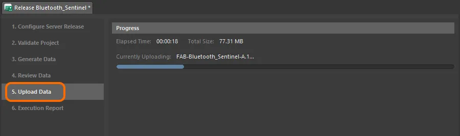 На этом этапе показан прогресс выгрузки сформированных данных в связанные объект-ревизии на сервер управляемых данных.