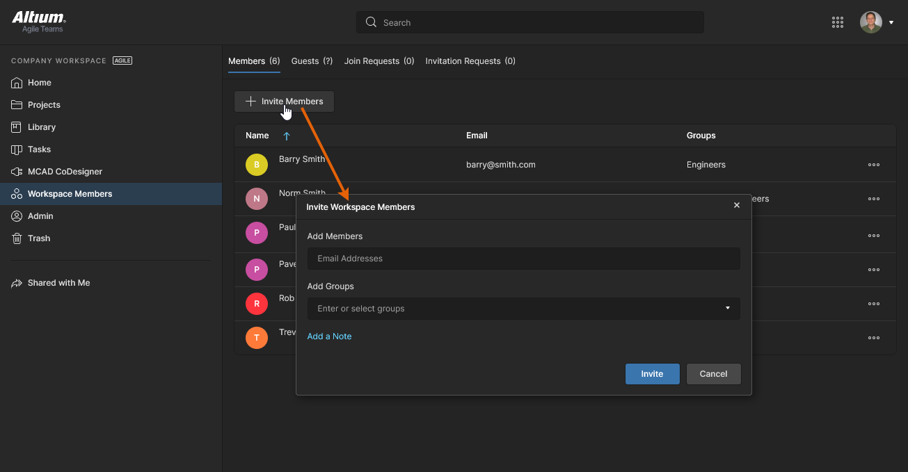 When you click to invite team members (invite people into your team), you will be presented with a window in which to specify one or more users and their group membership. When you click to invite team members (invite people into your team), you will be presented with a window in which to specify one or more users and their group membership.
