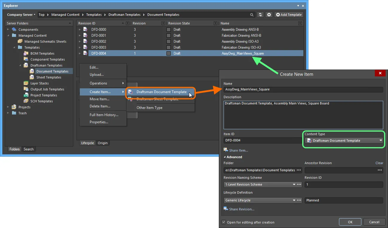 Creating a Draftsman Document Template Item within a Draftsman Templates folder - the correct Content Type is available on the context menu. Creating a Draftsman Document Template Item within a Draftsman Templates folder - the correct Content Type is available on the context menu.