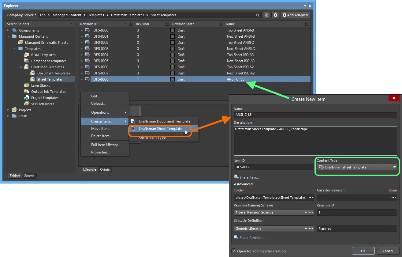 Создание объекта Draftsman Sheet Template Item в папке Draftsman Templates. Нужный тип содержимого (Content Type) доступен в контекстном меню.