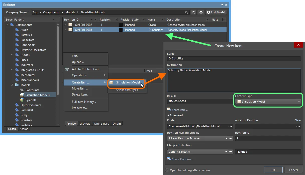 Creating a Simulation Model Item within a Simulation Models folder - the correct Content Type is available on the context menu. Creating a Simulation Model Item within a Simulation Models folder - the correct Content Type is available on the context menu.