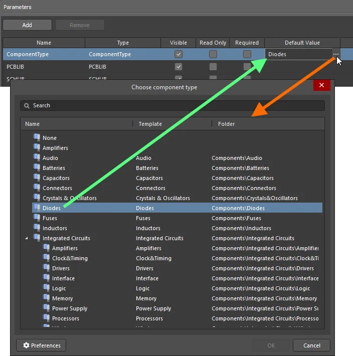 Example Component Template, with the ComponentType system parameter set to Diodes.