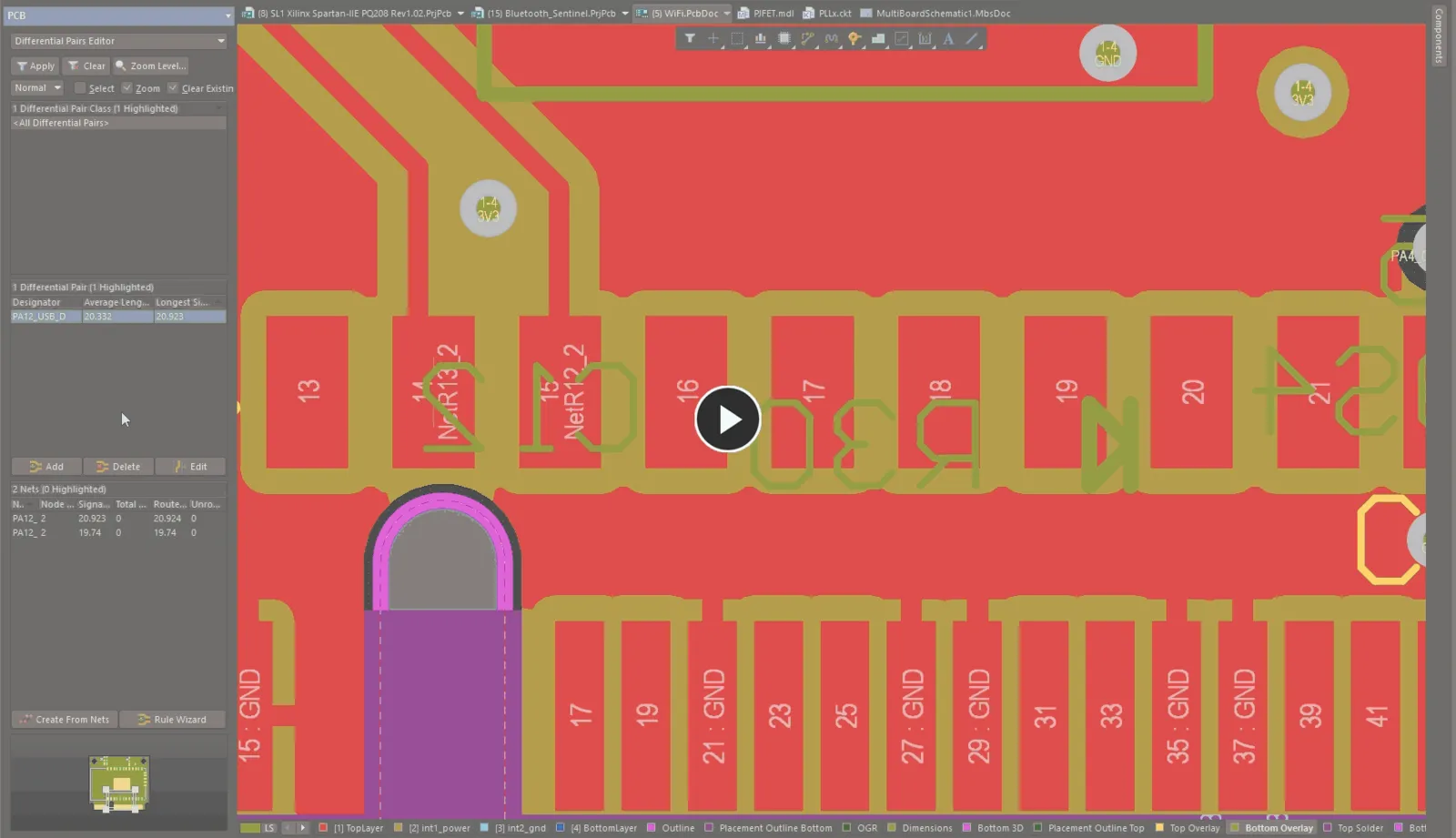 Using the PCB panel to view the Differential Pair Editor.