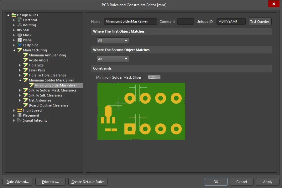 PCB editor, configuring the Minimum Solder Mask Sliver design rule