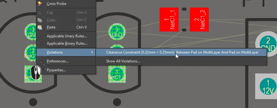 Right-click on a violation to examine what rule is being violated and the violation conditions. In this image, the display is in single layer mode, with the Top Layer as the active layer.