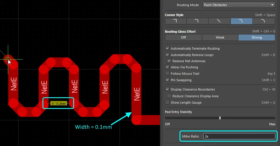 Routing corner tightness is controlled by the Miter Ratio