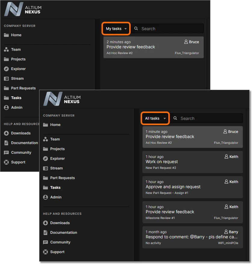 As an administrative user, you have the ability to switch between viewing just your tasks, or tasks for all users.