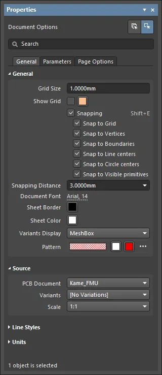 The Properties panel in Document Options mode