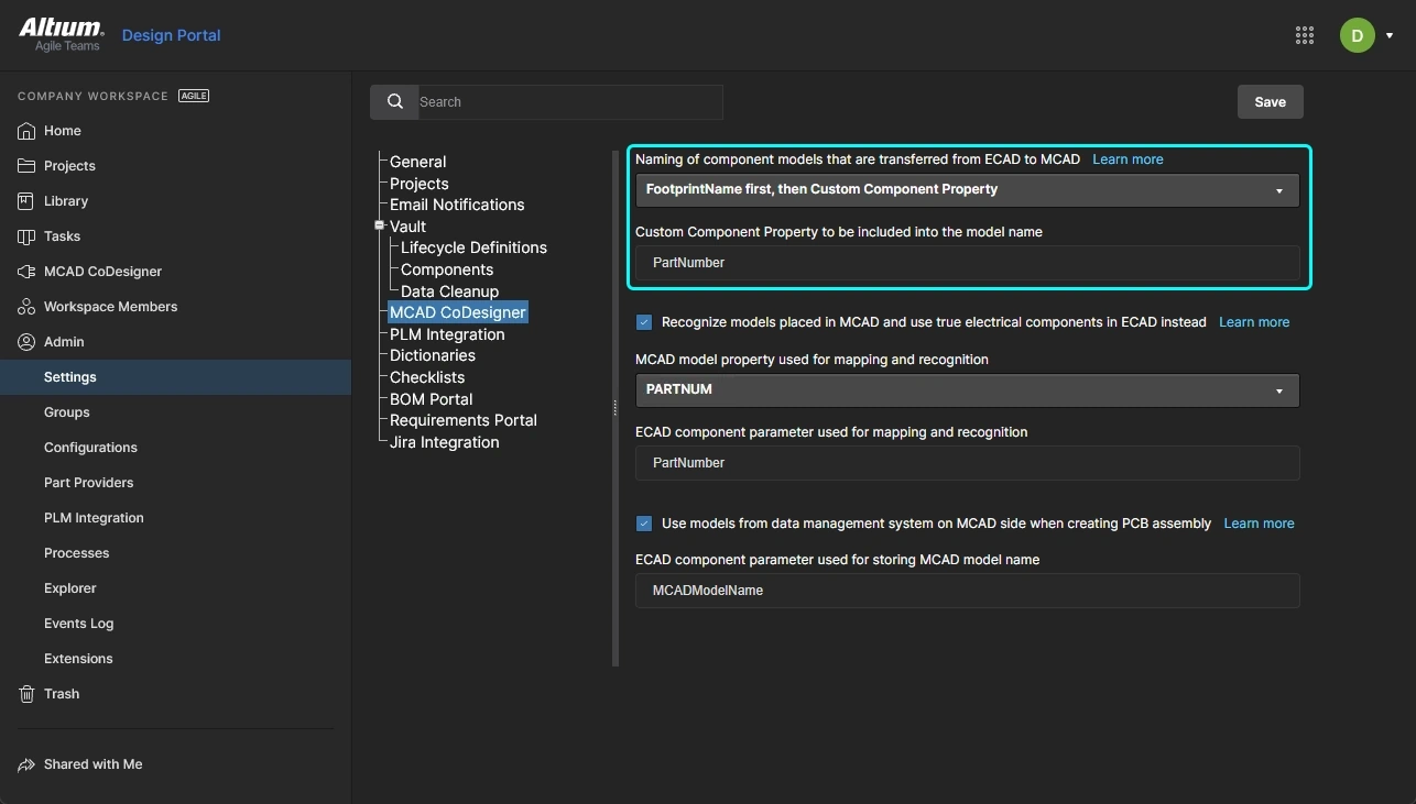 Enable and configure the Use models from data management system option, and Save the changes. This image shows a workspace hosted on Altium 365.