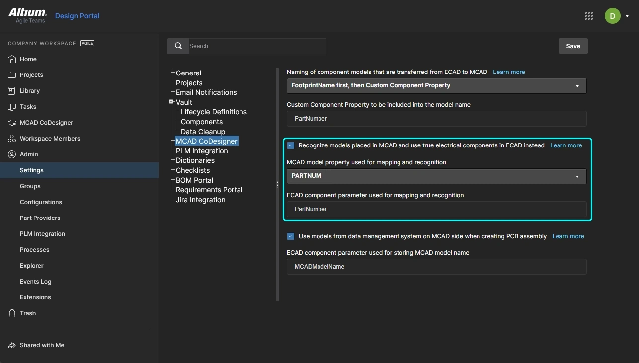 Configure the properties that identify the MCAD-to-ECAD component linkage, then click Save to apply the changes.