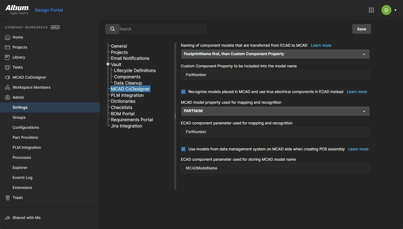 The MCAD part uses the parameter PARTNUM, and the ECAD component uses the parameter PartNumber.