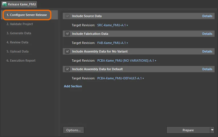 Stage 1 of the project release process - configuring what is to be included in the release (what data to generate).