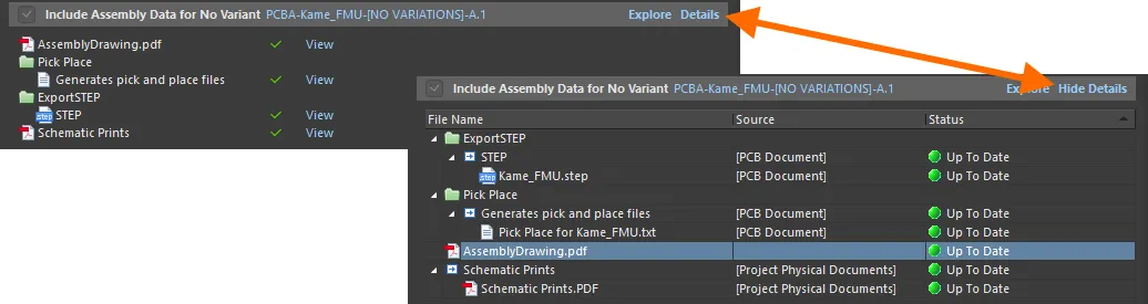 Click on a Details control to switch from simple to detailed view of the generated data for the associated section. Switch back again by clicking the Hide Details control.
