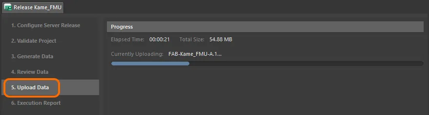This stage simply reflects progress of the upload of generated data to the linked Item-Revisions in the managed content server.