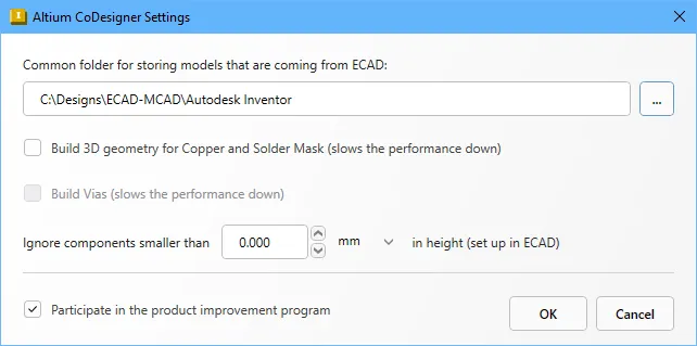 Enable the Build 3D geometry for Copper and Solder Mask option to include these layers in the MCAD assembly (Autodesk Inventor dialog).