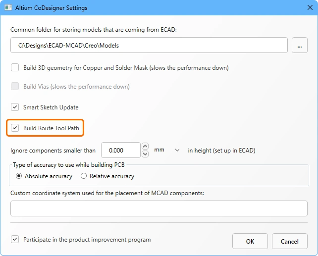 Choose if the Route Tool Path is to be included in the pull into MCAD.