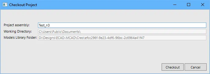 Use the Checkout Project dialog to rename the assembly, and confirm the locations of the Working Directory and models