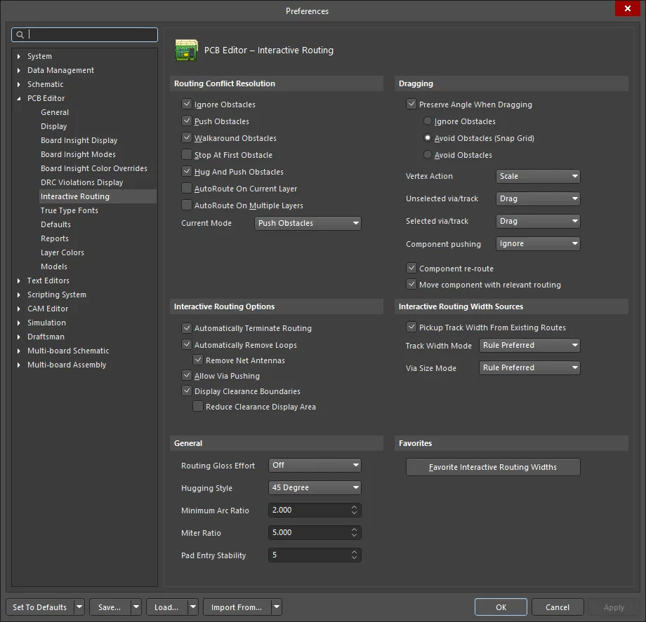 PCB editor Interactive Routing preferences