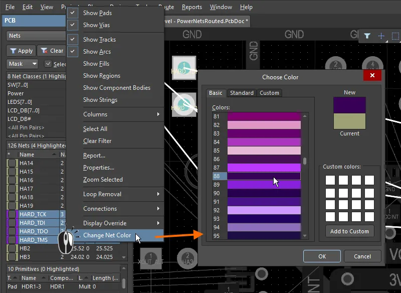 In the PCB panel, right-click on selected nets to change the color of their connection lines.