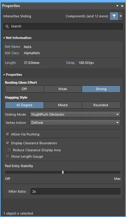 Interactive sliding mode of the Properties panel