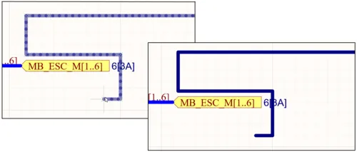 Placing a Bus segment in Auto Wire mode as indicated by the dotted path line. When placed (right), the Bus path will automatically avoid obstacles.