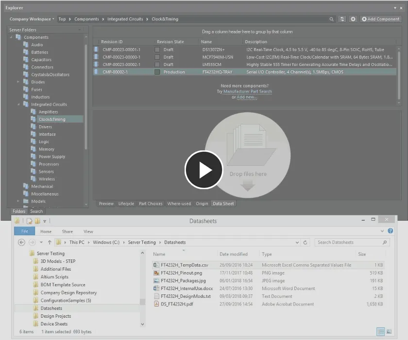 Attach one or more datasheets to an existing component in the server by dragging and dropping the datasheet(s) onto the component's Data Sheet aspect view tab.