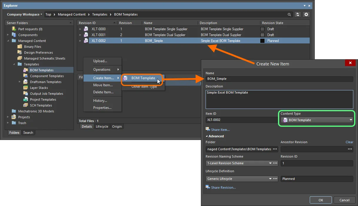 Creating a BOM Template Item within a BOM Templates folder - the correct Content Type is available on the context menu. Creating a BOM Template Item within a BOM Templates folder - the correct Content Type is available on the context menu.