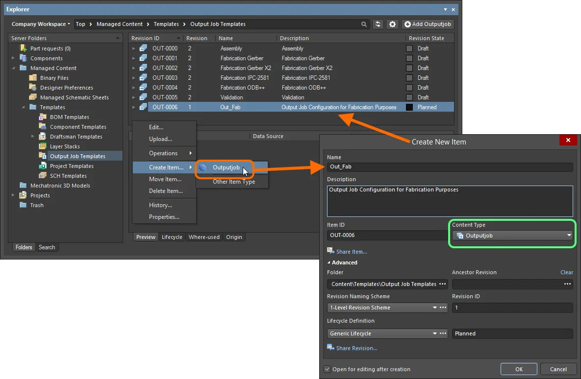 Creating an Outputjob Item within an Output Jobs folder - the correct Content Type is available on the context menu. Creating an Outputjob Item within an Output Jobs folder - the correct Content Type is available on the context menu.