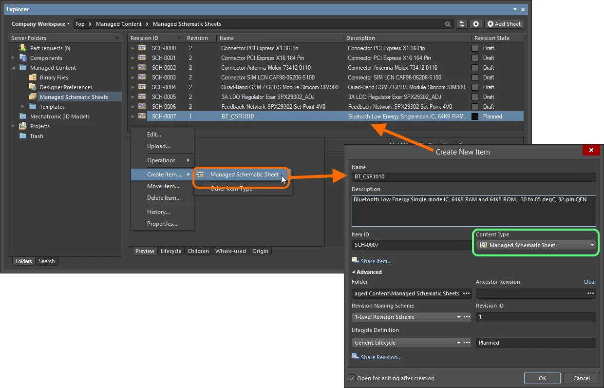 Creating a Managed Schematic Sheet Item within a Managed Schematic Sheets folder - the correct Content Type is available on the context menu.