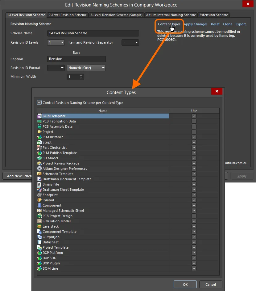 Accessing the Content Types dialog - command central for determining which Item types can use the revision naming scheme being configured. Accessing the Content Types dialog - command central for determining which Item types can use the revision naming scheme being configured.