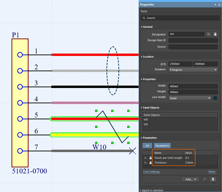 単位長さあたりのねじれ数と厚さは、ECADハーネスのTwistオブジェクトのパラメータとして定義されています。