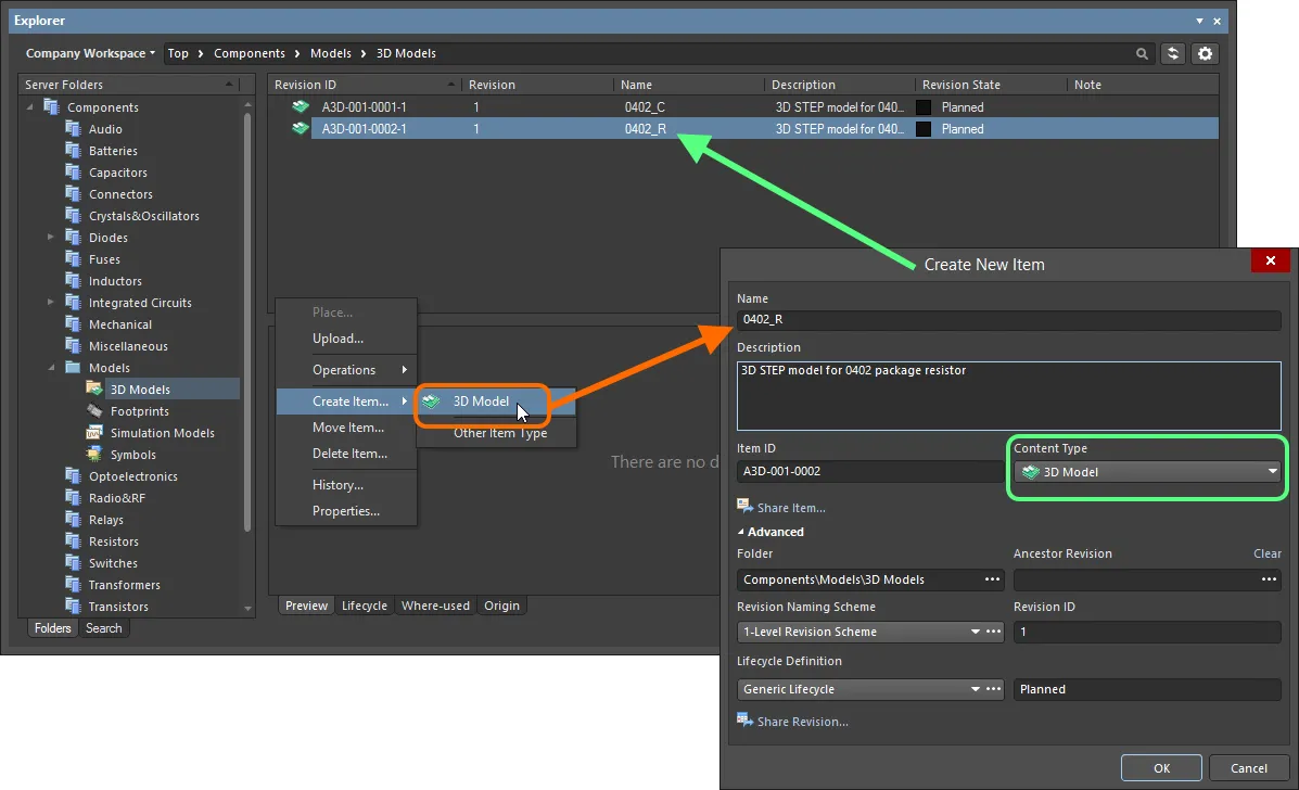 Creating a 3D Model Item within a 3D Models folder - the correct Content Type is available on the context menu. Creating a 3D Model Item within a 3D Models folder - the correct Content Type is available on the context menu.
