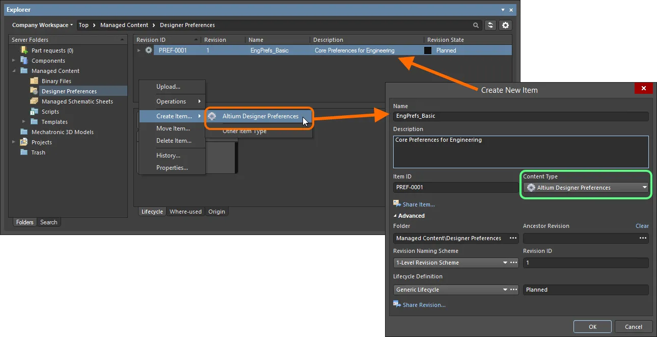 Creating a Designer Preferences Item within an Altium Designer Preferences folder - the correct Content Type is available on the context menu. Creating a Designer Preferences Item within an Altium Designer Preferences folder - the correct Content Type is available on the context menu.