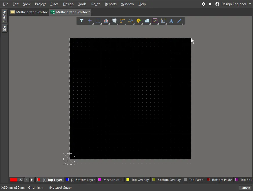 The board size has been defined, and the units, origin and grid 