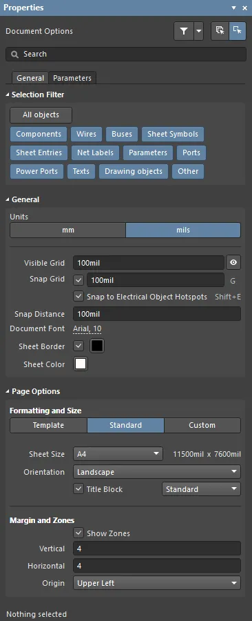 Document options are configured for each schematic sheet, set the sheet size as required.