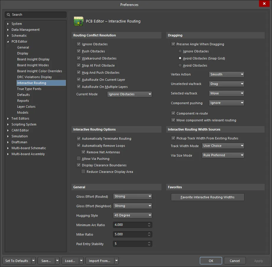 PCB editor Interactive Routing preferences