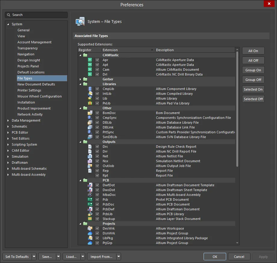  The System - File Types page of the Preferences dialog