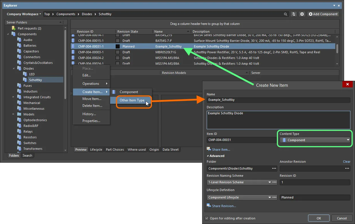 Создание объекта компонента в папке Components. Хотя в контекстном меню доступен корректный тип содержимого (команда Component), при ее использовании вы перейдете в режим безобъектного создания компонента. Чтобы создать традиционный объект с помощью диалогового окна Create New Item, вместо этого выберите команду Other Item Type из меню. Создание объекта компонента в папке Components. Хотя в контекстном меню доступен корректный тип содержимого (команда Component), при ее использовании вы перейдете в режим безобъектного создания компонента. Чтобы создать традиционный объект с помощью диалогового окна Create New Item, вместо этого выберите команду Other Item Type из меню.