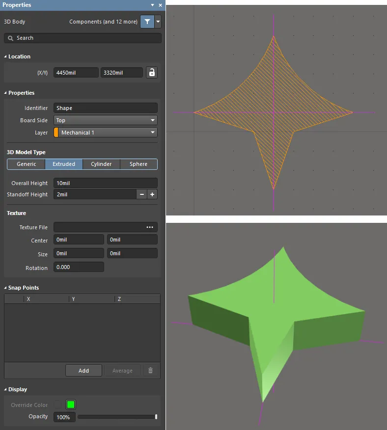 An extruded 3D Body object; note the reference point shown in the 2D and 3D views.