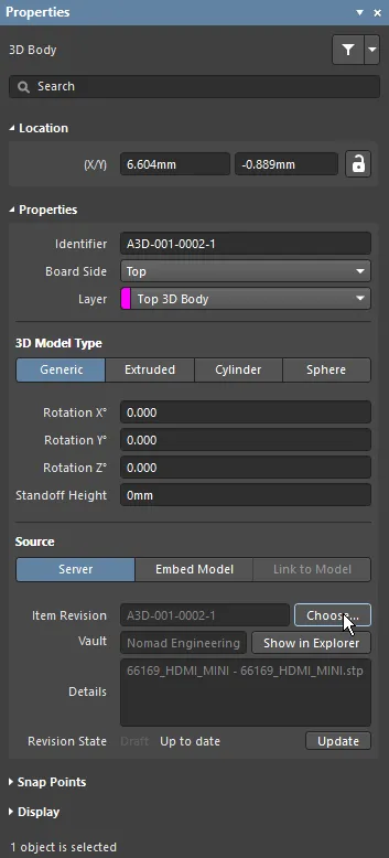 The 3D MCAD model is loaded from the Workspace into a 3D Body object.