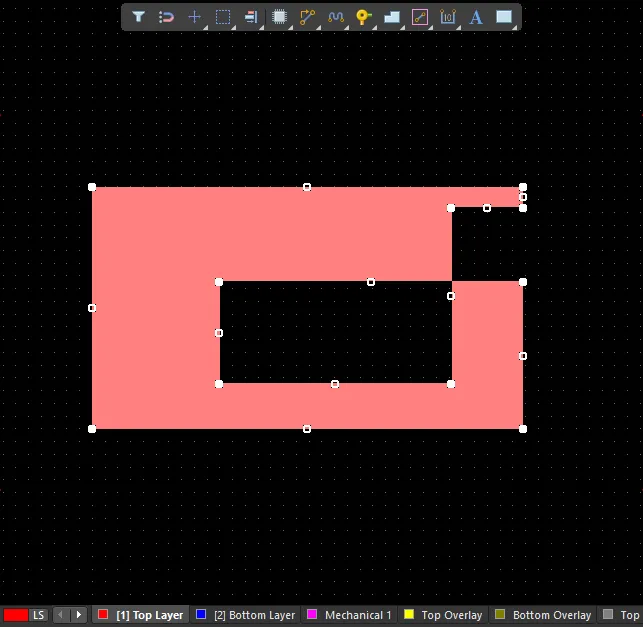 Example of a self-intersecting region selected in the PCB editor design space. Hover the cursor over the image to see this region in the generated Gerber output.