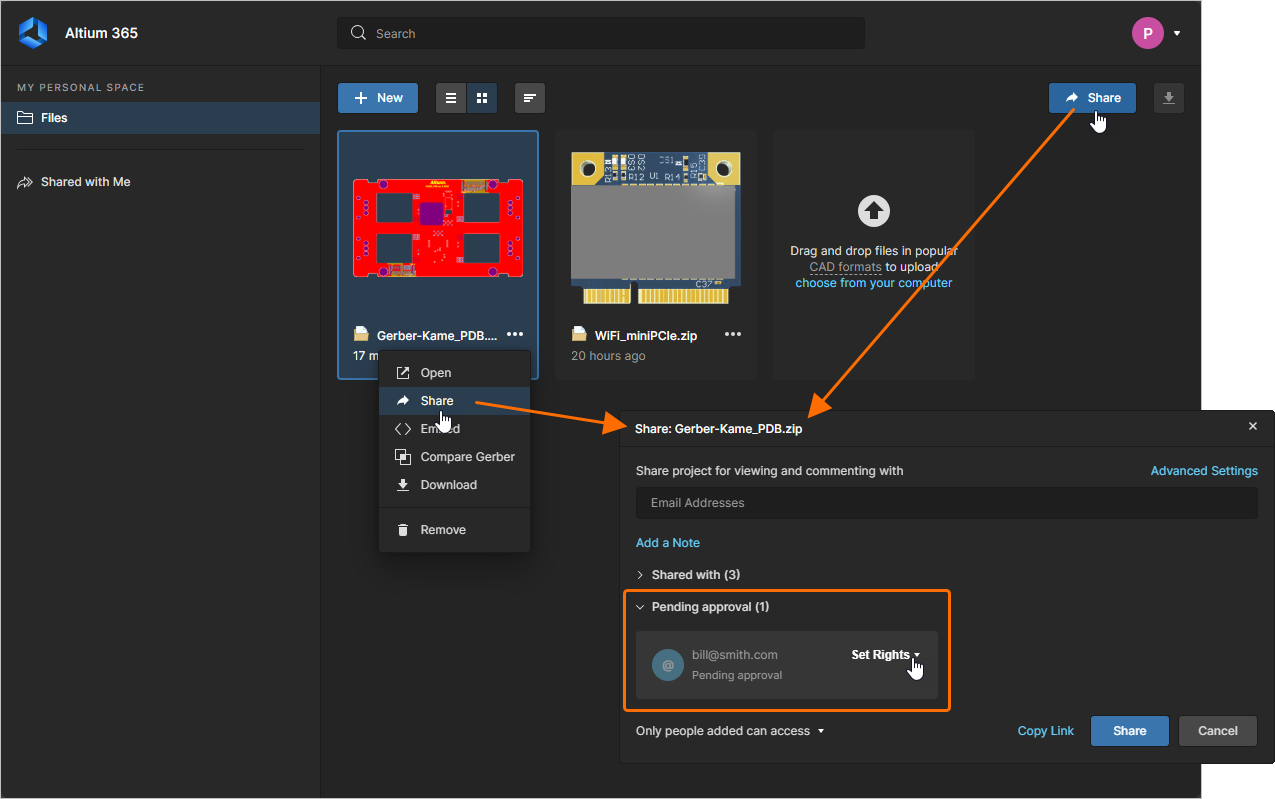 The owner of a reshared entity can approve the share request through the Share window.